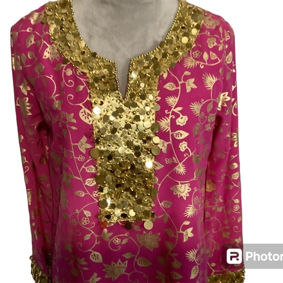 Diane Gilman blouse womens SZ XS tunic hot pink  sequins vintage 90’s Ba… - Picture 2 of 9